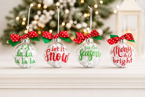 Glass Message Ornaments with White Pom Poms, Set of 4