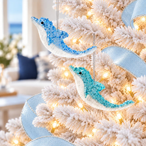 Blue and Teal Glitter Dolphin Ornaments set.  Made of plastic and pvc and hangs from silver string