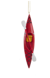 Red Kayak with oar Christmas Ornament hanging from a string