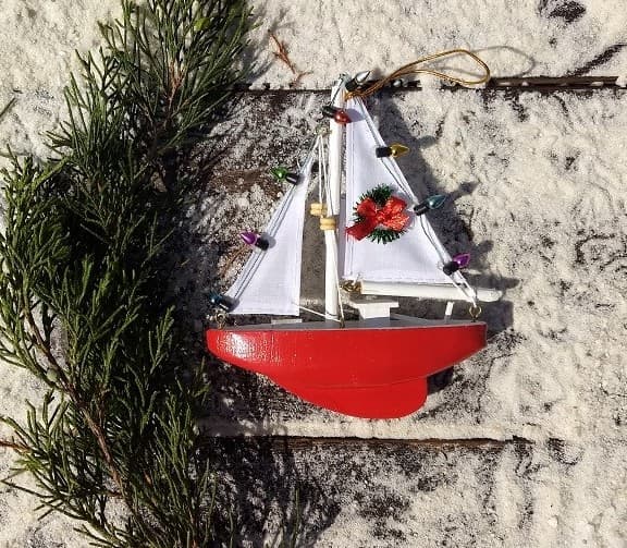 Nautical Red Sailboat Christmas Ornament with Decorations