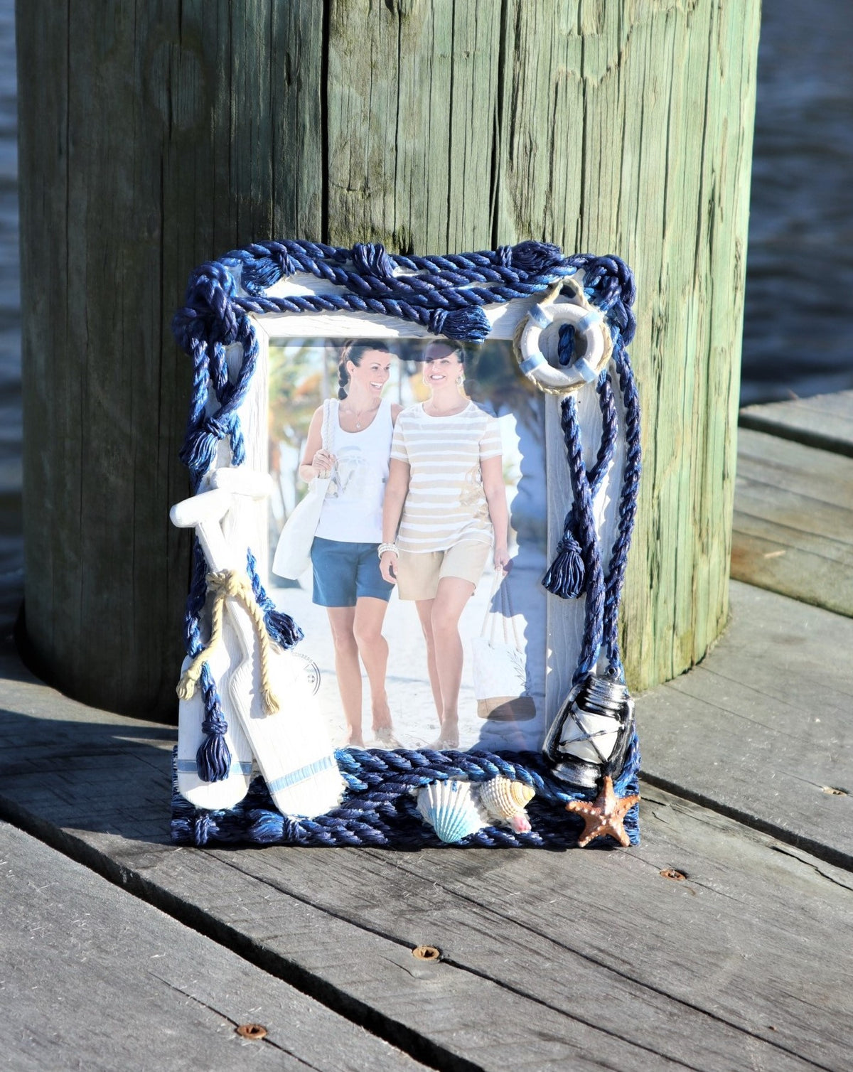 Nautical Oar and Rope Photo wood Frame with Life Preserver, shells and starfish in navy and white. Chesapeake Bay Goods