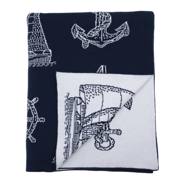 Navy and white sailboats and anchor reversable cotton throw by Chesapeake Bay Goods