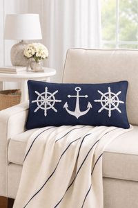 Sailor's Bay Pillow Embroidered with Anchor Ship Wheel