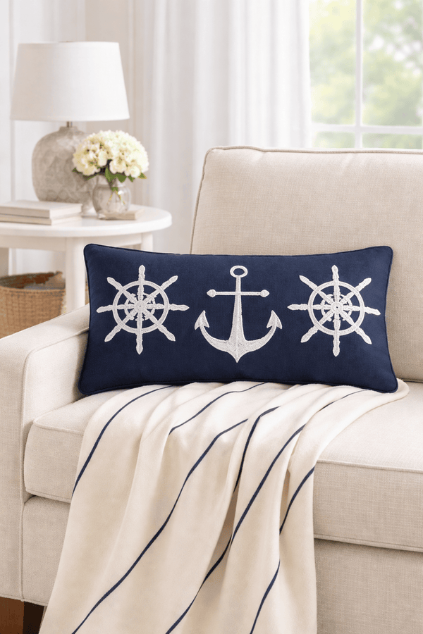 Sailor's Bay Pillow Embroidered with Anchor Ship Wheel