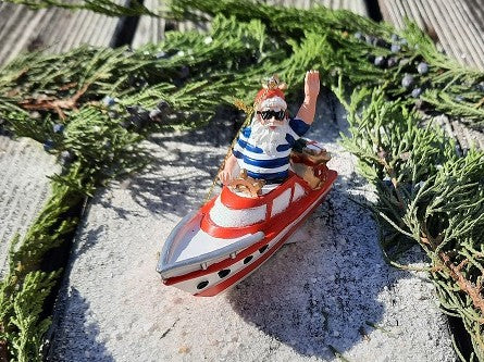 Santa On Motor Boat Ornament