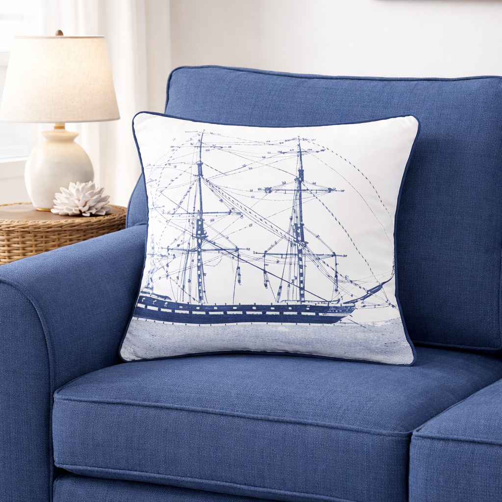Ship With Ropes White Cotton Square Pillow