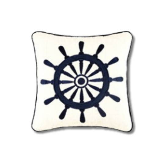 Ships Wheel Nautical White Square Pillow