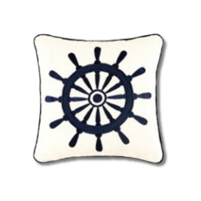 Ships Wheel Nautical White Square Pillow