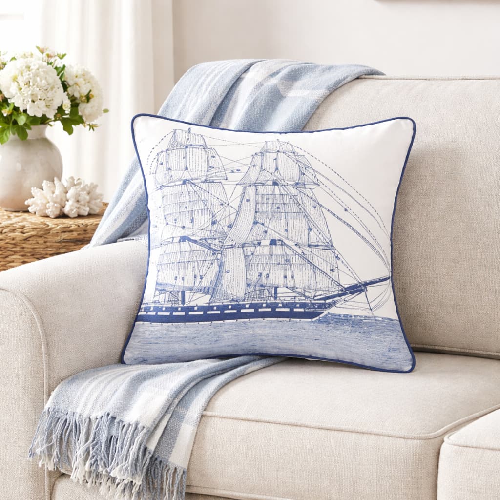 Ship with Sails White Cotton Square Pillow