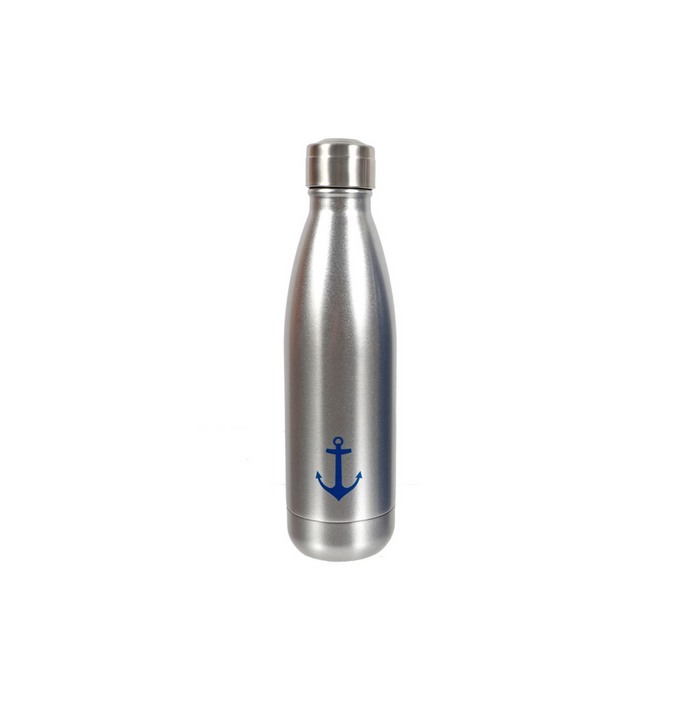 A stainless steel water bottle with a silver body and a blue anchor graphic on the front, set against a plain white background.