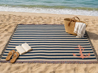 Navy Striped Cotton Blended Woven Throw with Embroidered Anchor