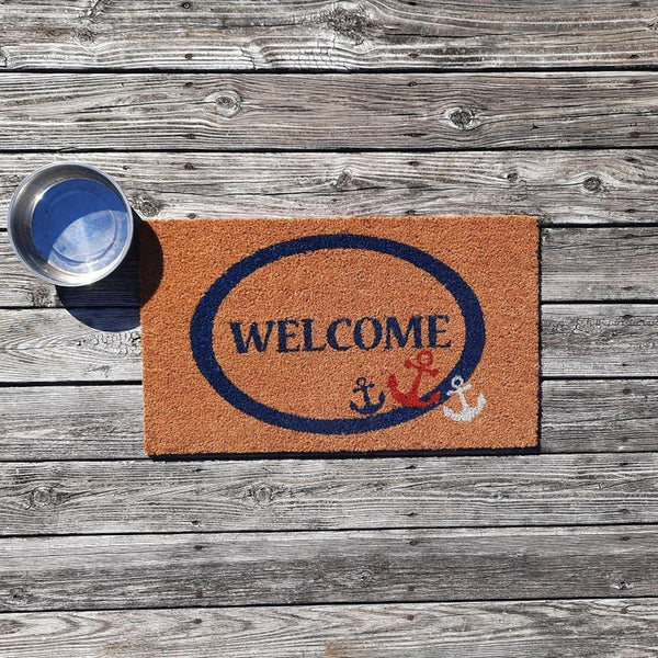 Welcome Coir Doormat with Anchors Red White Blue