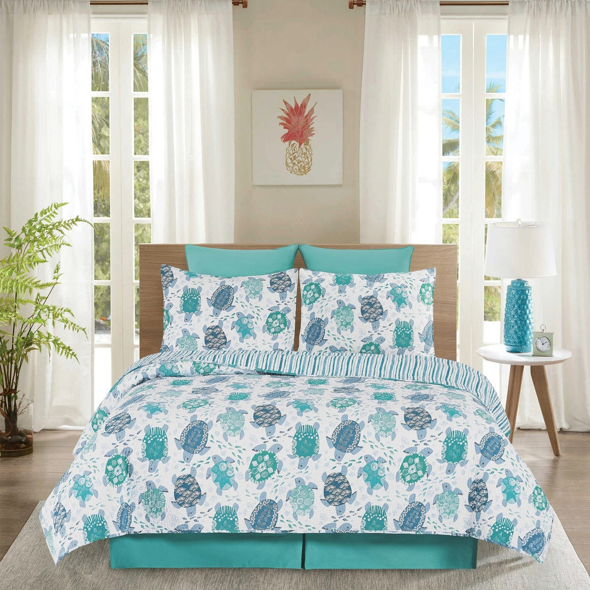 Bedding set with turtle pattern in a bedroom setting