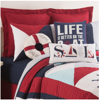 Waterbourne Nautical Quilt Set with Sailboat and Ship Wheel in Red, navy, and white color blocking by C&F Home