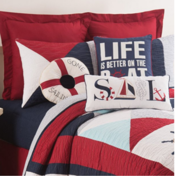 Waterbourne Nautical Quilt Set with Sailboat and Ship Wheel in Red, navy, and white color blocking by C&F Home