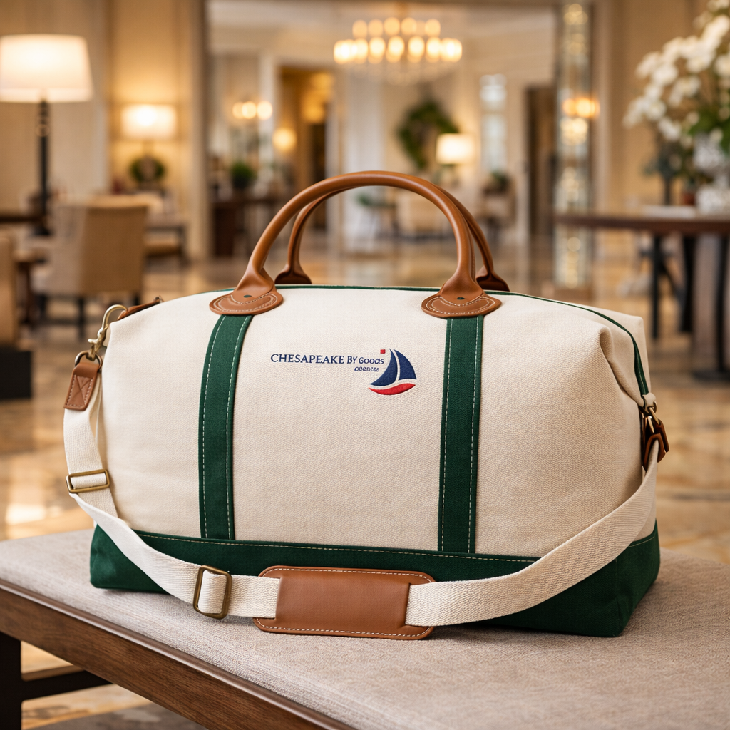 A canvas duffel bag with dark green and tan leather accents, featuring the Chesapeake Bay Goods logo on the front, displayed on a bench in a warm, upscale interior setting.