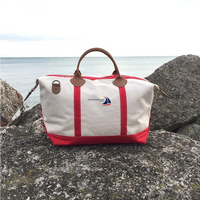 A canvas duffel bag with red trim and brown leather handles sits on large rocks by the ocean, with the sea and cloudy sky in the background.