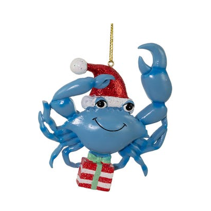Whimsical Blue Crab with Present Nautical Christmas Ornament