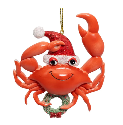 Whimsical Red Crab with Wreath Nautical Ornament