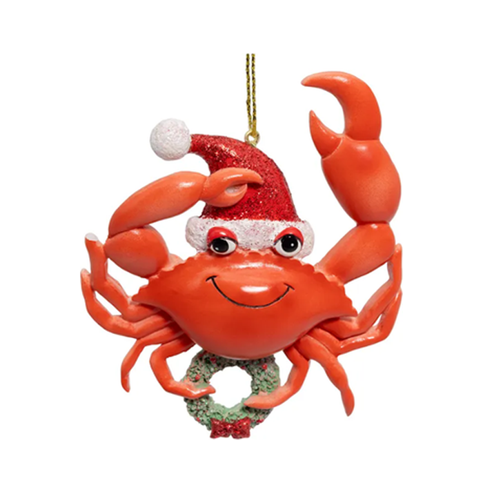 Whimsical Red Crab with Wreath Nautical Ornament