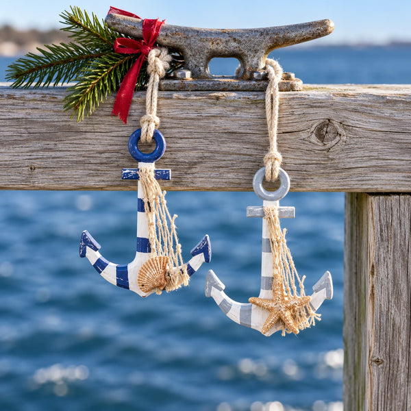 Set of blue and white striped wood anchor Christmas ornaments with a fishing net and shell and starfish