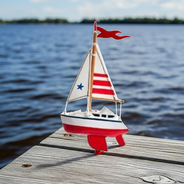 Wooden Red Sailboat Ornament with Red Striped Sails