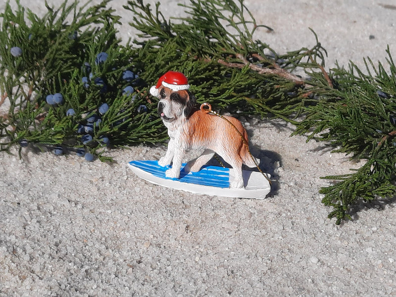 Dog Surfing with Santa Hat Christmas Ornament