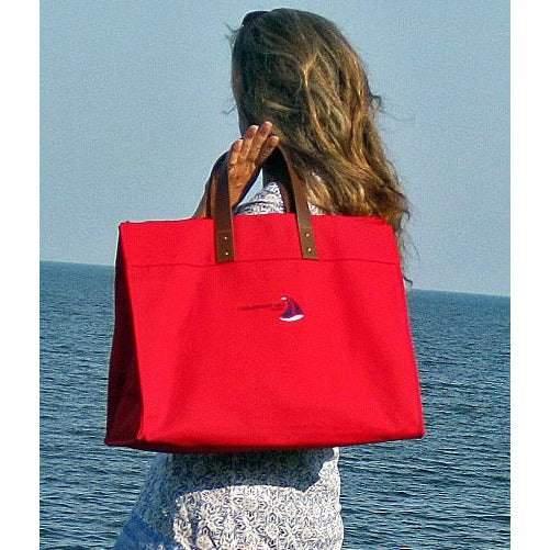 Red Structured Canvas Tote with Leather Handles  - Chesapeake Bay Goods