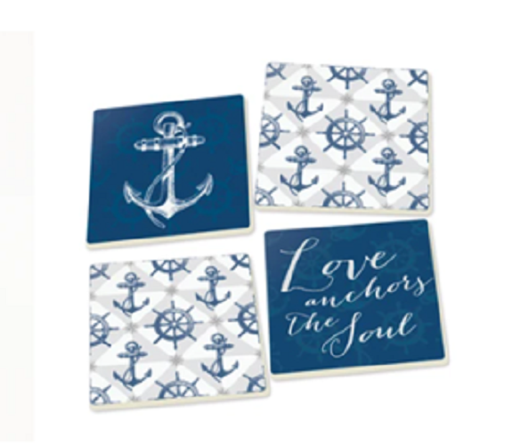 Ceramic Ship Wheel and Anchor Coaster 4 Pack Chesapeake Bay Goods