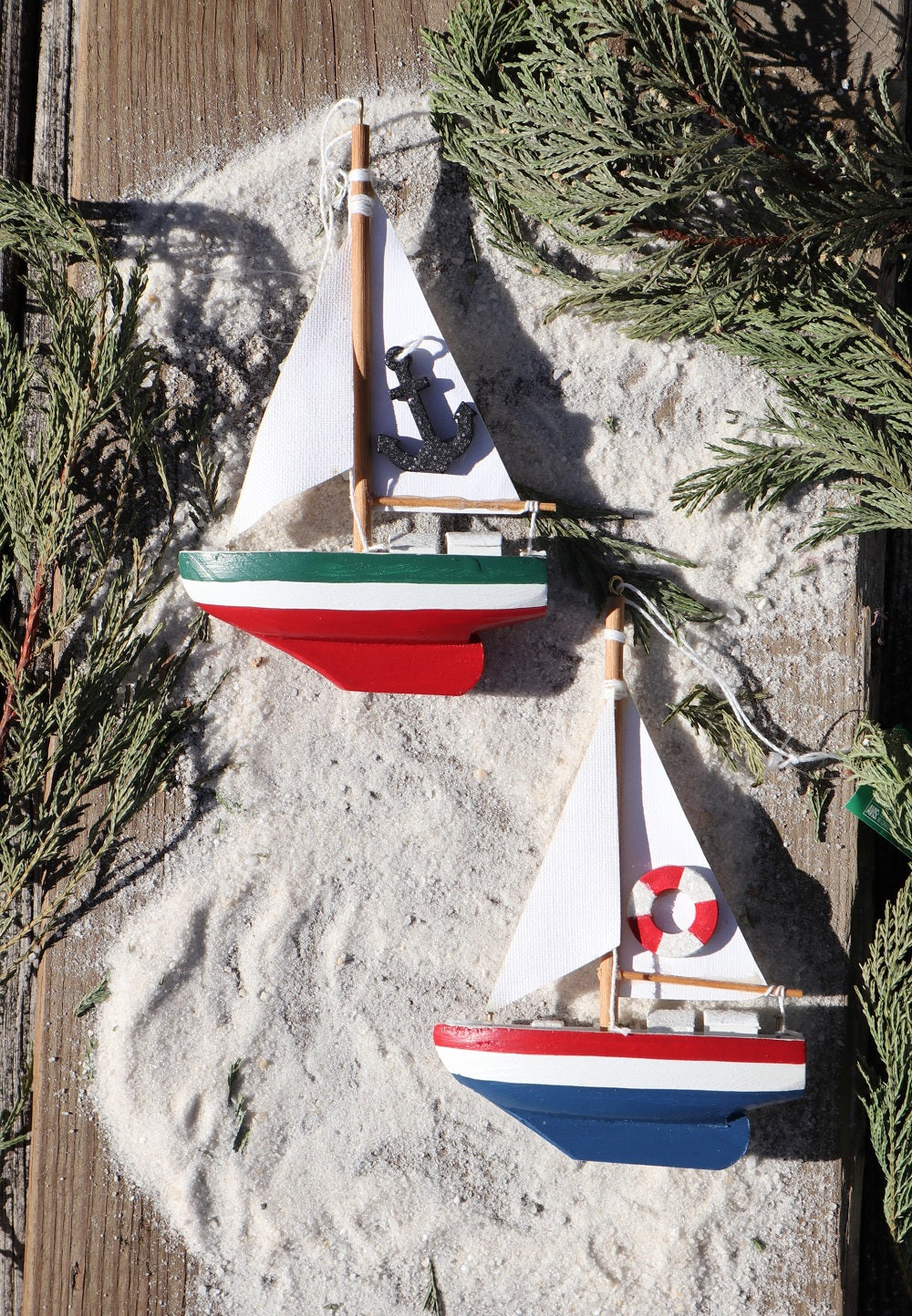 Wood Sailboats Christmas Ornaments with Anchor or Life Preserver Sail (Sold Separately)