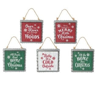 Hanging Wood Ornament with Tin Decorative Backing and Holiday Message