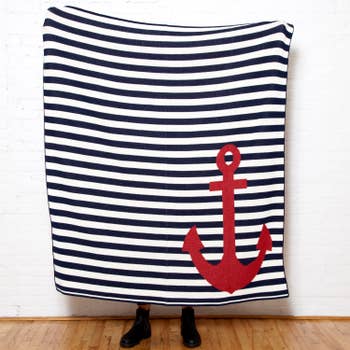 Nautical French Stripe with Anchor Throw Blanket by In2Green