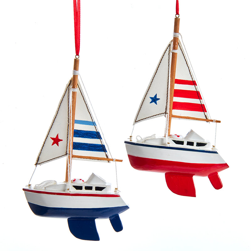 Wooden Sailboat Ornaments with Red and Blue Sails Set of 2