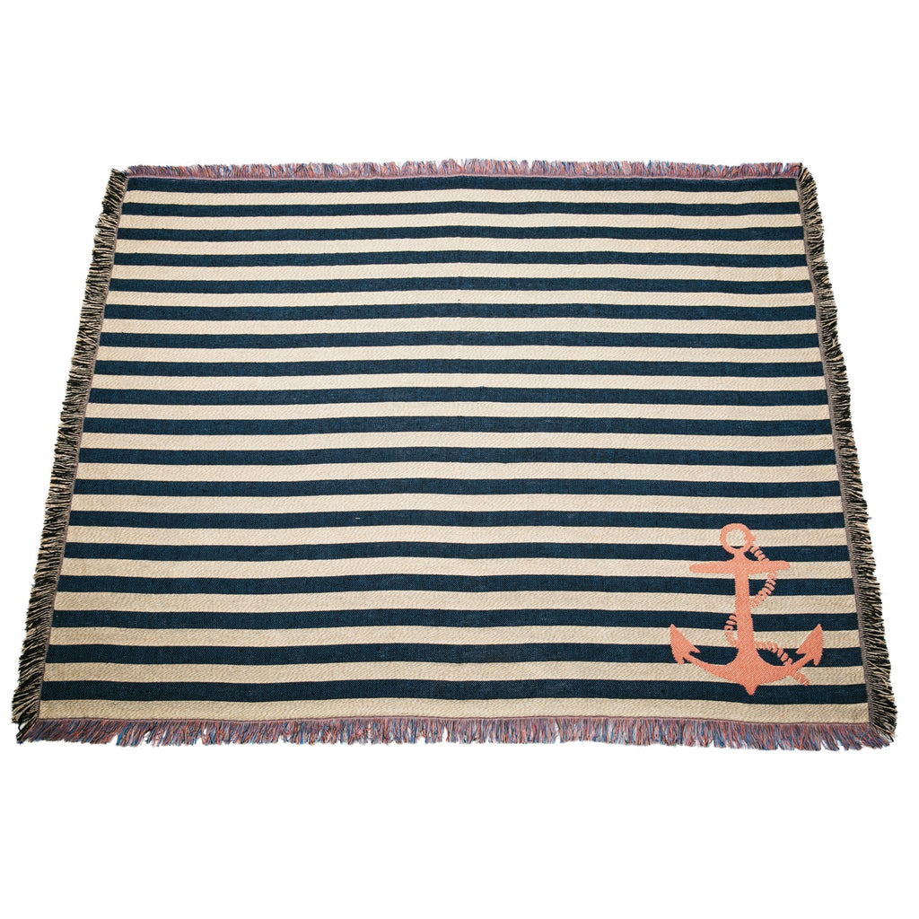 Cotton Blended Navy Striped Throw Blanket with Anchor - Chesapeake Bay Goods