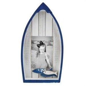 Nautical Navy & White Boat Photo Frame adorned with wooden fish and faded rustic beach wood.  Chesapeake Bay Goods