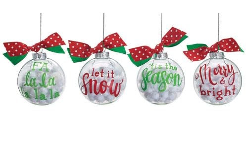 Glass Message Ornaments with White Pom Poms, Set of 4