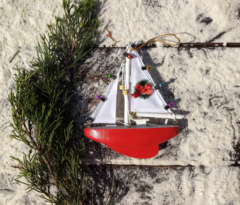 Nautical Sailboat Christmas Ornament with Decorations on Sail