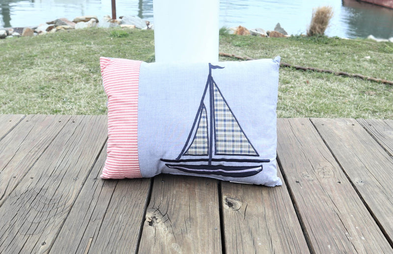 Rectangle Red and Blue Sailboat Cotton Throw Pillow