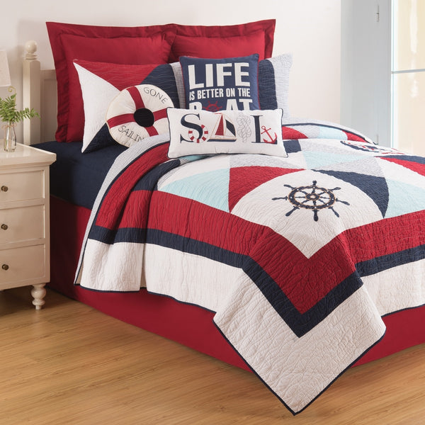 Waterbourne Nautical Quilt Set with Sailboat and Ship Wheel in Red, navy, and white color blocking by C&F Home