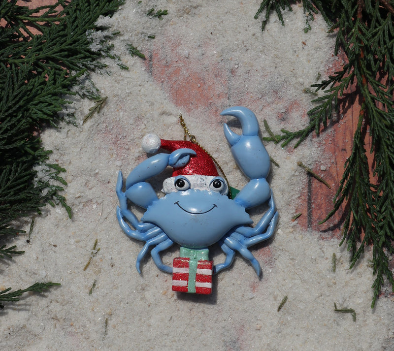 Whimsical Blue Crab with Present Ornament