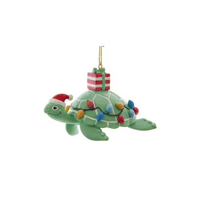 Whimsical Green Sea Turtle Christmas Ornament with Present