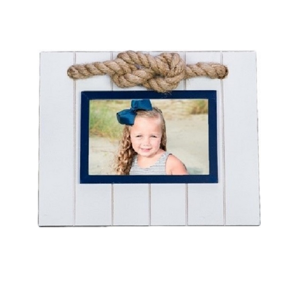 Nautical Photo Frame - White & Blue Frame with Rope Accent