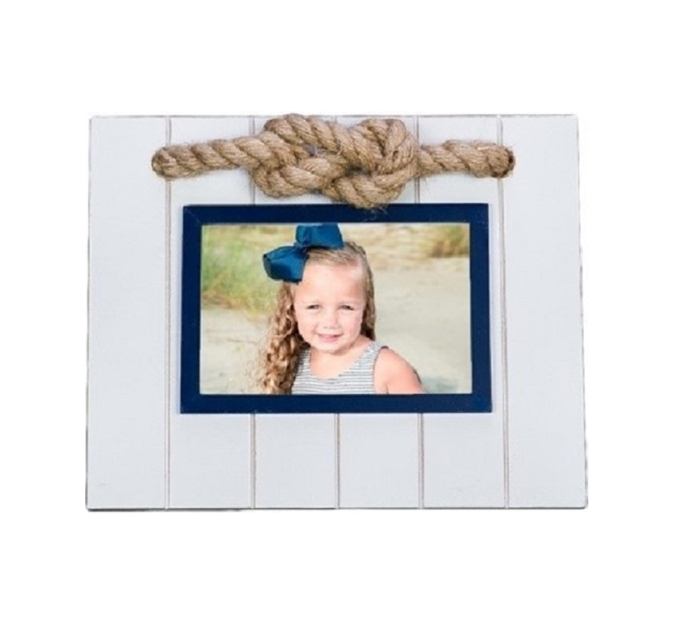 Nautical Photo Frame - White & Blue Frame with Rope Accent